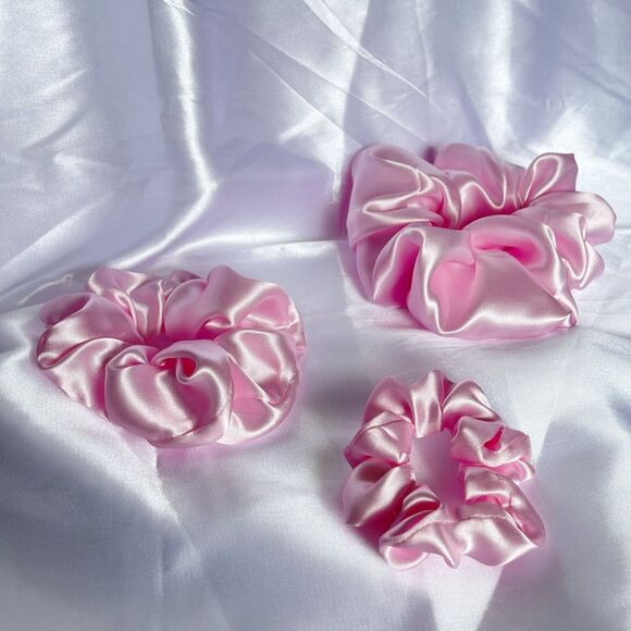 3 New Pink Satin Scrunchies Hair Tie XLarge, Large, Small Set - Picture 6 of 16